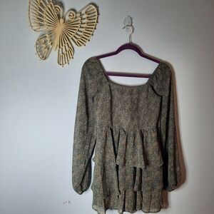 Olive Green Med Floral Tiered Flirty Ruffle Romper, Long Sleeve, Smocked